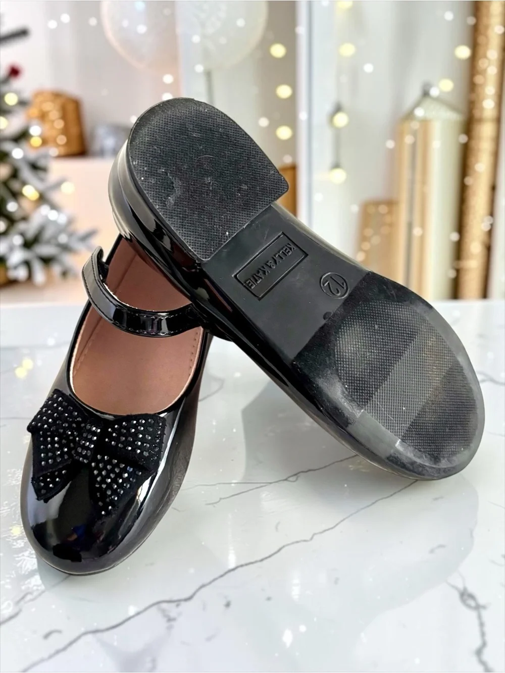 Kelly & Katie Bow Dress Flats Black Patent Rhinestone Girls Size 12 EUC